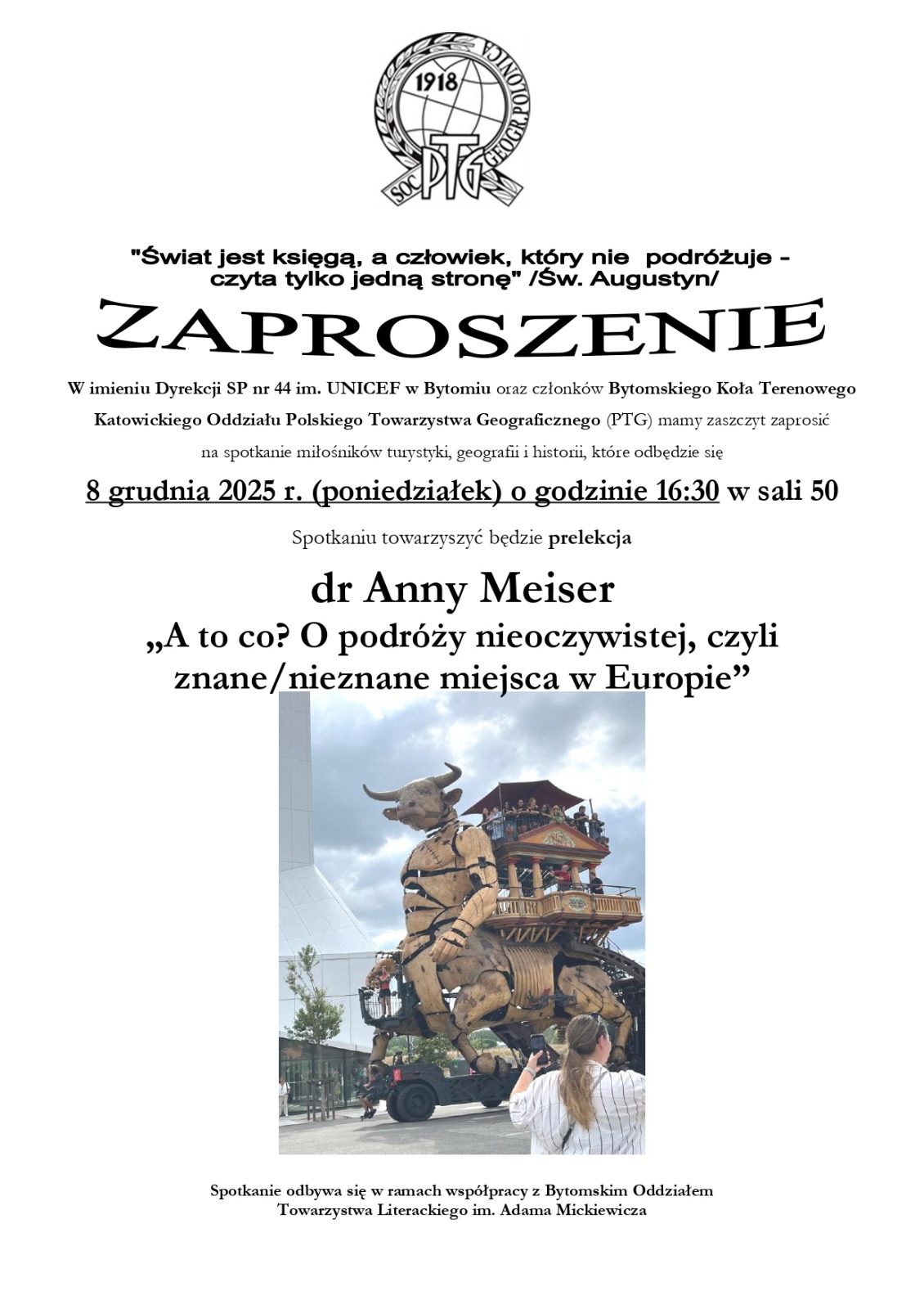 Zaproszenia na prelekcję dr Anny Meiser w ramach działań Polskiego Towarzystwa Geograficzn